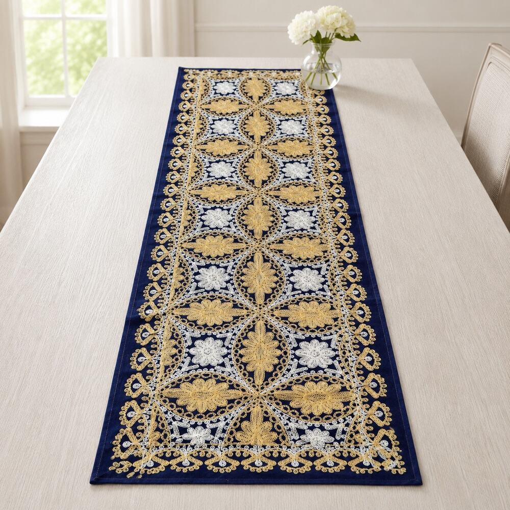 Navy Gold White Floral Lace Table Runner 54 x 16 Ornate Embroidered